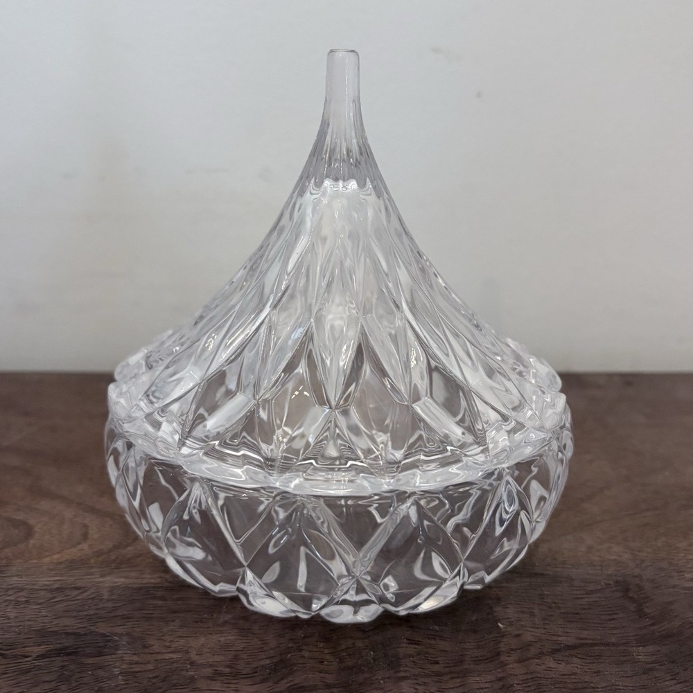 Glass Crystal Hersheys Kiss Shaped Shannon Candy Dish Trinket With Lid Clear NEW